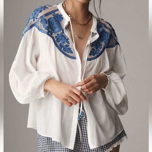 By Anthropologie Two Tone Beaded Embroidered Lace Peasant Blouse NWOT - Picture 1 of 11